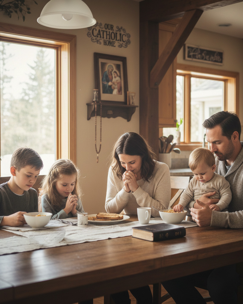 Catholic family praying together