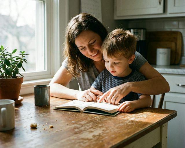 Mother reading with child at home